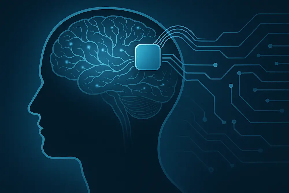 Illustration of a brain–computer interface showing neural signals connecting a human brain to digital circuits.