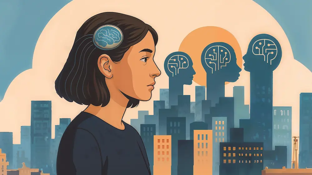 Illustration of a woman wearing a brain–computer interface device, with digital human silhouettes displaying neural circuit patterns over a city skyline, symbolizing future brain–machine interfaces and societal impact.