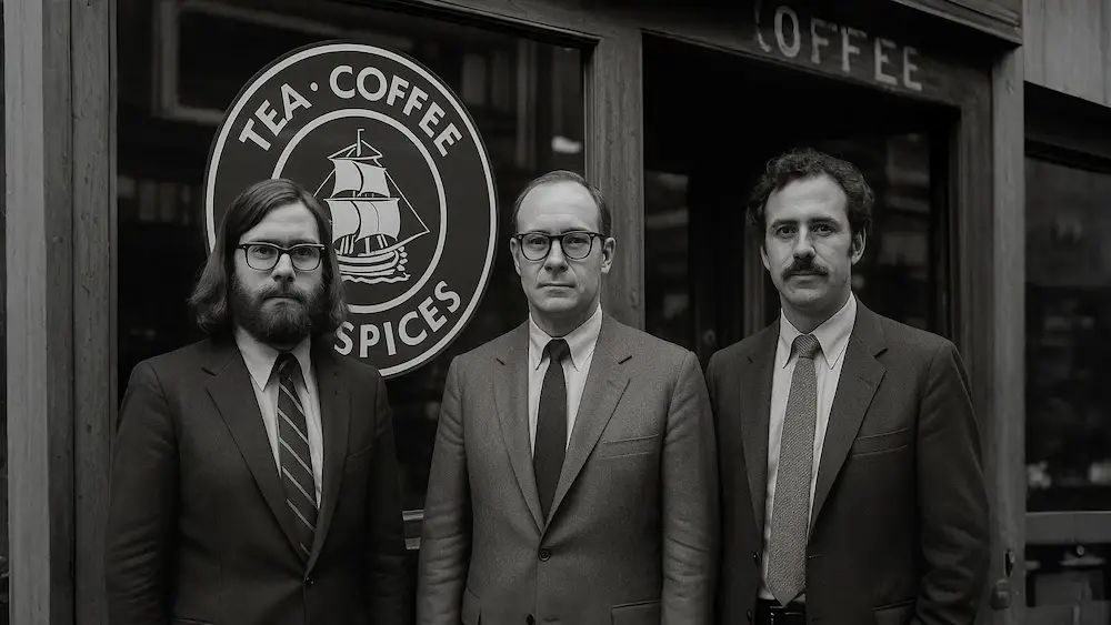 AI-generated illustration of three symbolic businessmen in front of a vintage coffee shop for representation only.