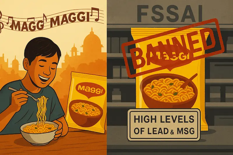 Illustration showing Maggi’s cultural popularity in India on one side and the 2015 ban due to high lead and MSG concerns on the other side.