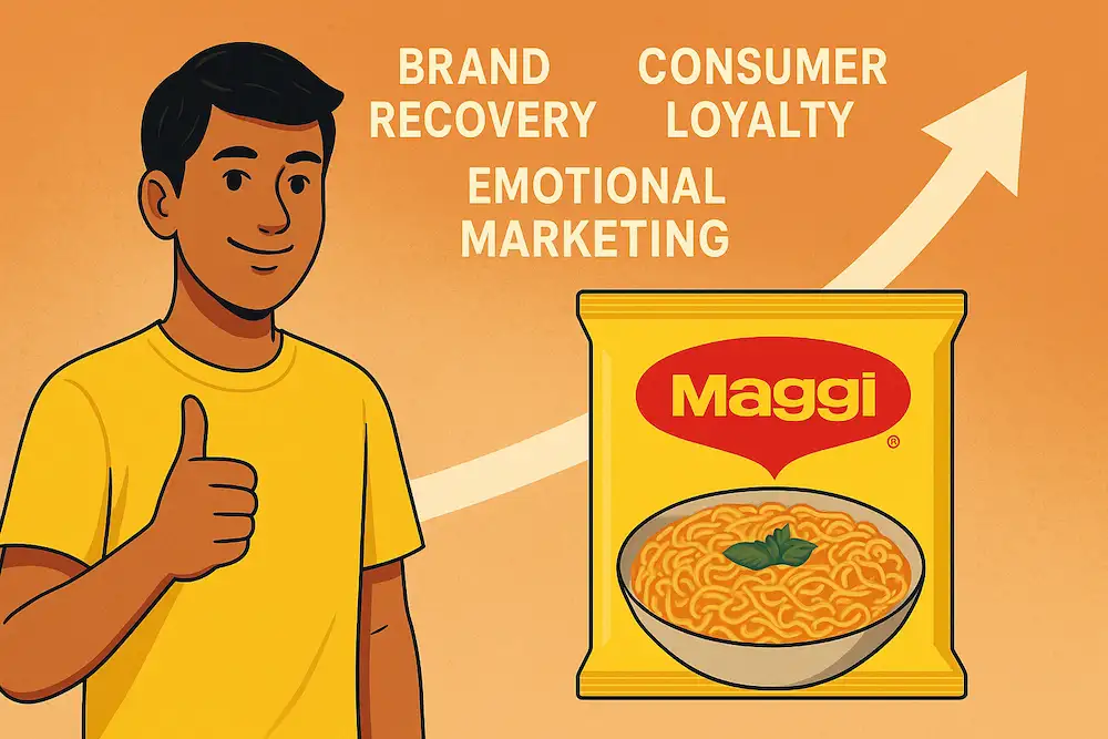 Maggi's brand recovery showing a smiling person giving a thumbs up beside a Maggi noodle packet, symbolizing consumer loyalty and emotional marketing.