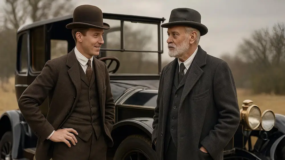 Charles Rolls and Henry Royce standing beside an early vintage car, representing their first historic meeting that led to the creation of Rolls-Royce.