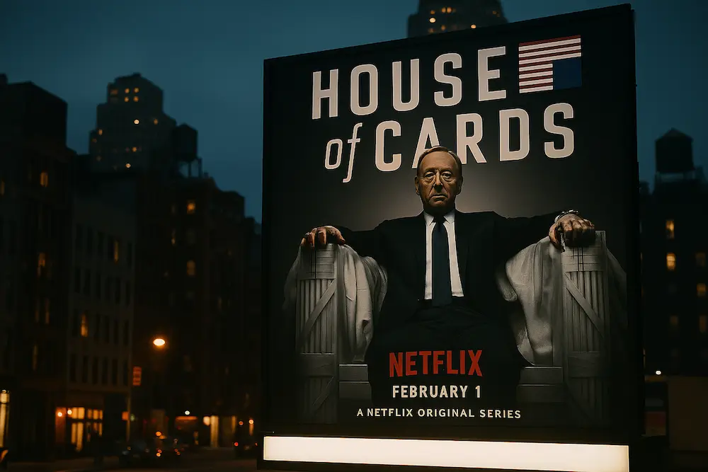 A nighttime city street with a large illuminated billboard promoting a dramatic Netflix original series, featuring a serious man in a suit sitting on a throne-like chair against a dark background