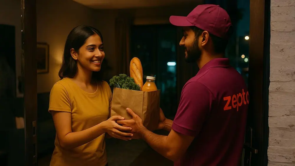 Zepto delivery agent handing groceries to a young woman at her apartment door