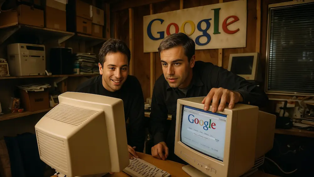 Larry Page and Sergey Brin building early Google in a garage office