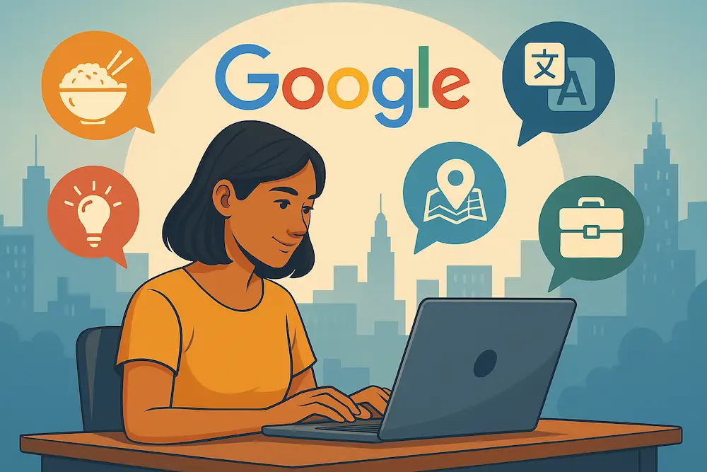 A digital illustration of a young woman using a laptop, surrounded by colorful Google-themed icons like maps, translation, recipes, ideas, and work tools, representing how Google supports everyday tasks.