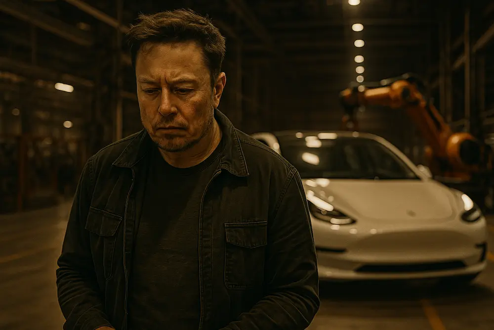 Elon Musk looking exhausted inside a Tesla factory, standing in front of an electric car and robotic machinery, symbolizing the struggles and pressure during Tesla’s early production challenges