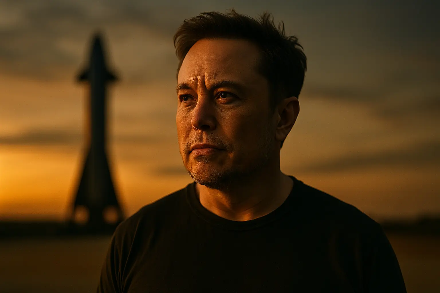 Elon Musk looking determined during sunset with a blurred rocket in the background.