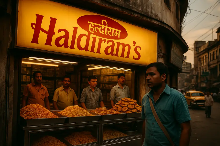 A Haldiram’s snack shop in Kolkata with workers standing behind trays of namkeen and a pedestrian walking past on a busy street at dusk