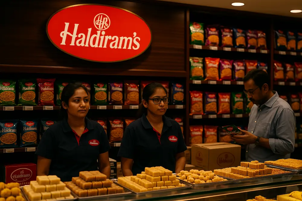 Interior of a Haldiram’s store with staff standing behind a counter displaying traditional Indian sweets, surrounded by shelves stocked with colorful snack packs