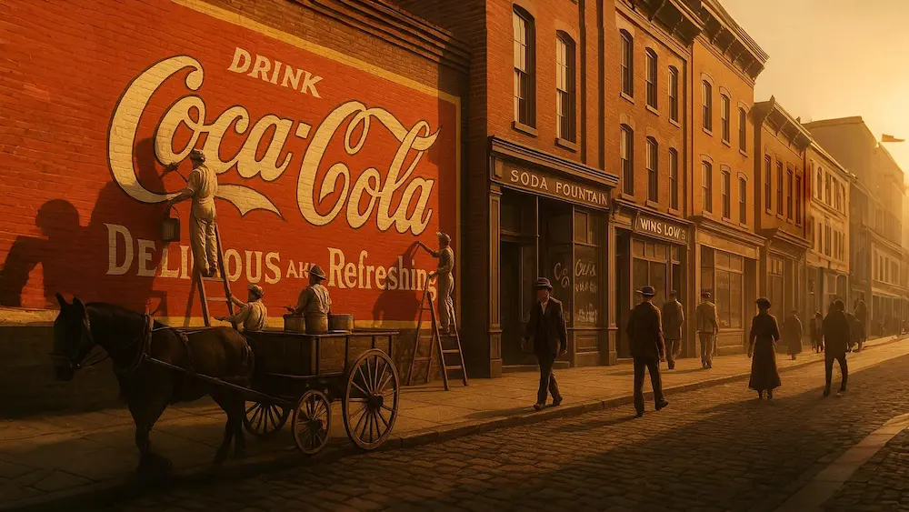Vintage early-1900s American street scene with workers painting a large Coca-Cola advertisement on a brick wall, alongside pedestrians and a horse-drawn wagon