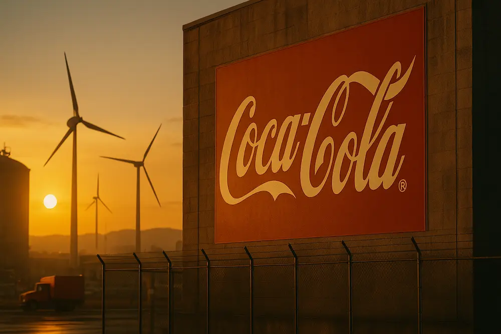 Coca-Cola building with wind turbines at sunset representing sustainability efforts