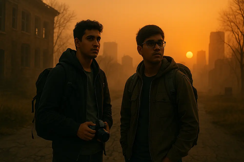 Two young men with backpacks standing cautiously in an abandoned fog-covered city at sunset, holding a camera and looking ahead with determination