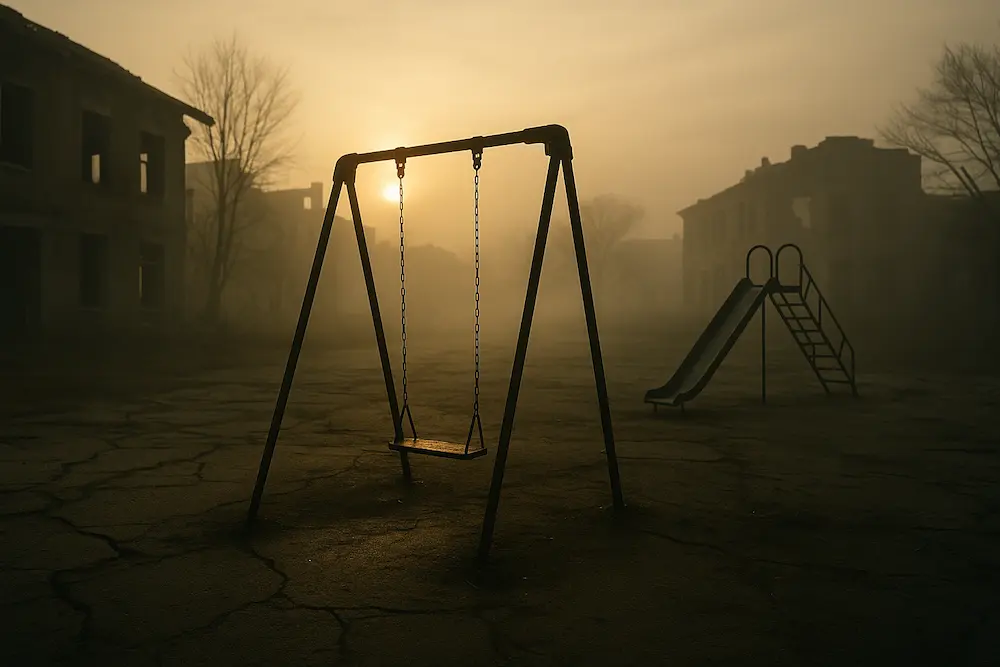 Foggy abandoned playground with a rusty swing at sunrise