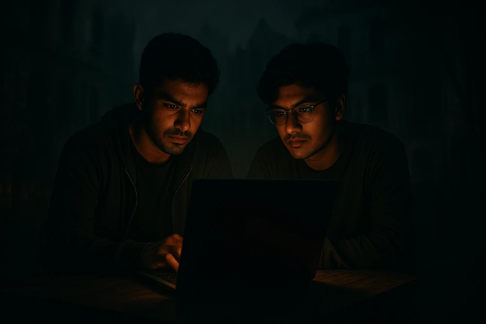 Two friends reviewing footage on a laptop in a dark abandoned room