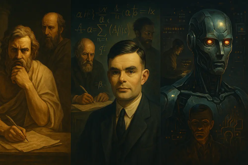 A digital artwork showing ancient philosophers, mathematicians, Alan Turing, and a futuristic robot, representing the evolution of artificial intelligence