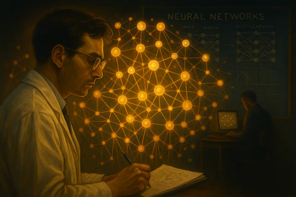 A scientist studies a glowing neural network diagram while another researcher works on a computer in a dimly lit lab