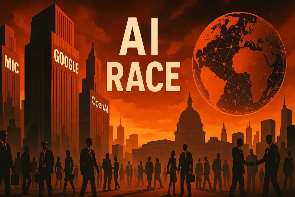 Illustration of a global AI race with corporate skyscrapers, silhouettes of people, and a glowing digital globe