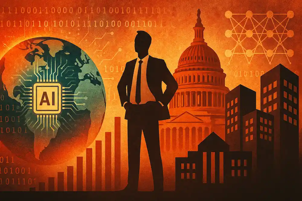 Illustration of a businessperson standing confidently between government buildings and modern city skyscrapers, with a glowing AI-themed globe and data symbols in the background