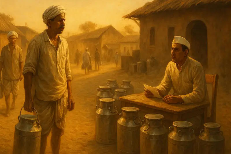 A warm, vintage-style painting of 1940s Anand farmers bringing milk cans to a middleman seated at a wooden table in a dusty Gujarat village