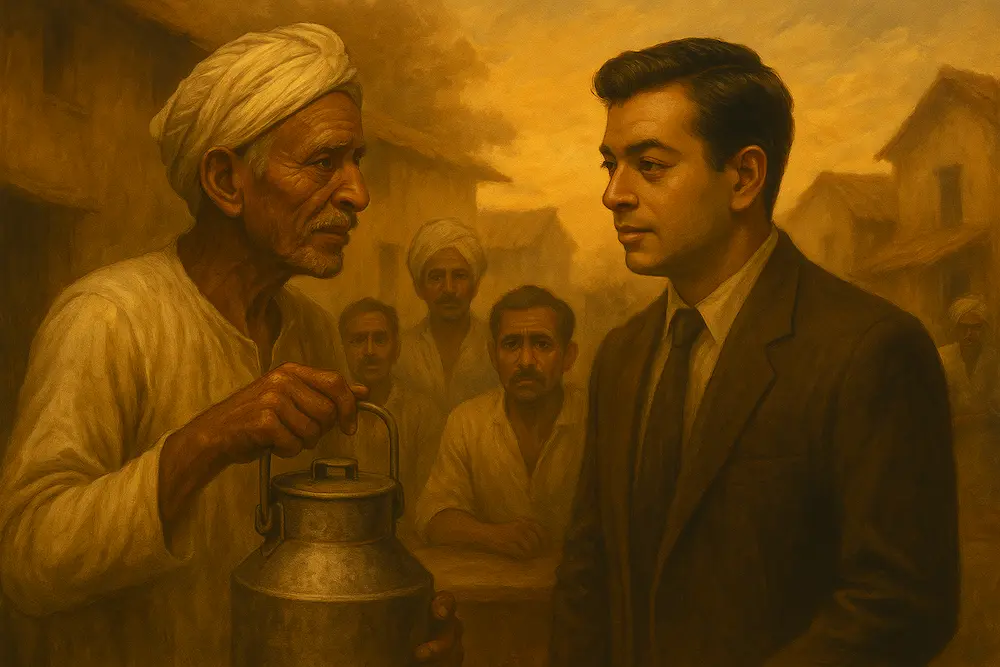A painted scene showing an elderly Indian farmer holding a milk can while speaking with a young man in a suit, with villagers and rustic houses in the background