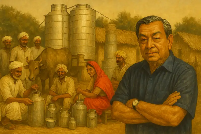 Dr. Verghese Kurien standing confidently in a rural dairy village, surrounded by smiling farmers, milk cans, cows, and large storage silos