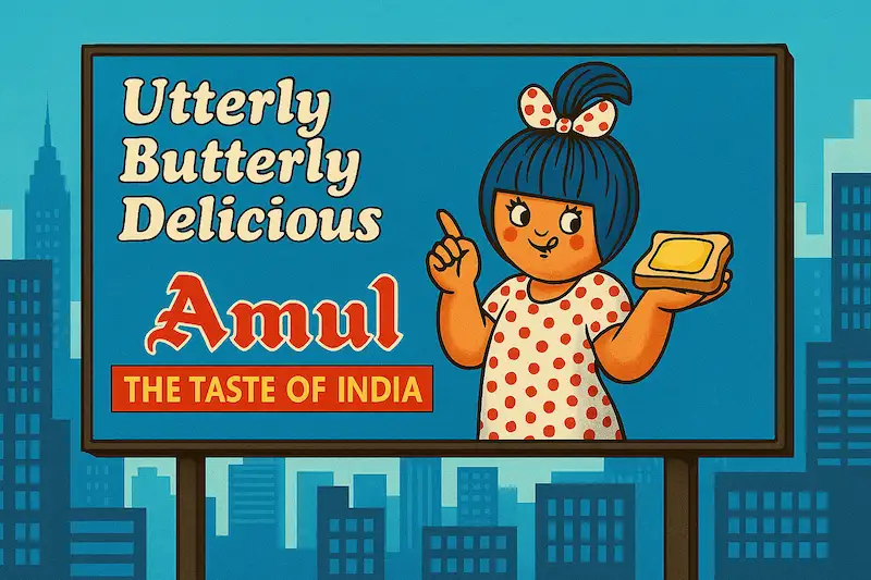 A billboard-style illustration featuring a hand-drawn cartoon girl in Amul’s signature style, surrounded by colorful urban elements and witty caption spaces, representing the cultural impact of the Amul Girl in India.