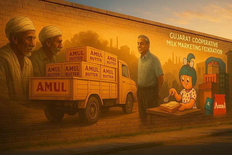 Mural showing Amul’s journey, with farmers, an Amul butter truck, Dr. Verghese Kurien, and the Amul Girl painted on a brick wall